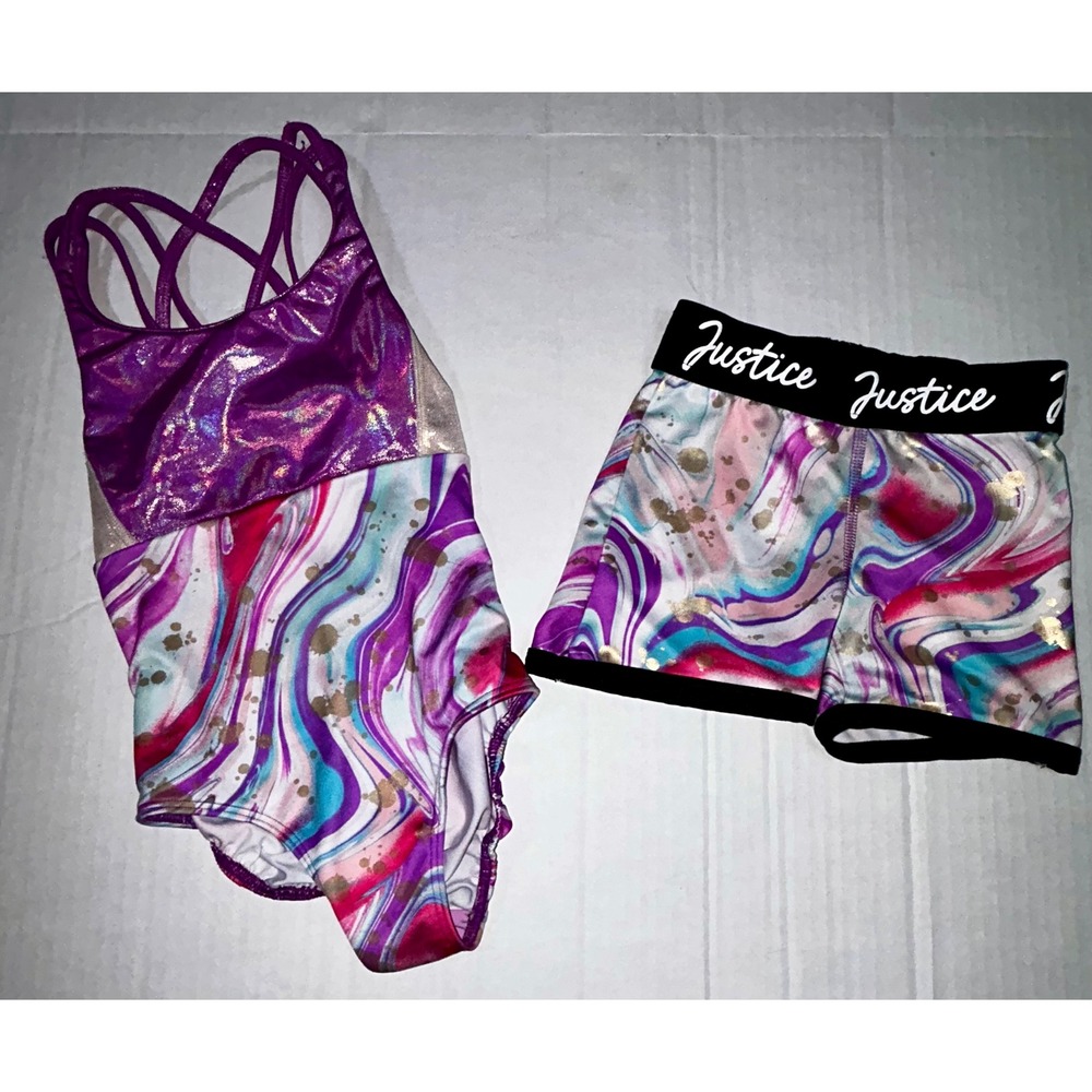 Justice Girls Gymnastics Leotard and Shorts Set Purple Marble Gold Foil XS 5/6
